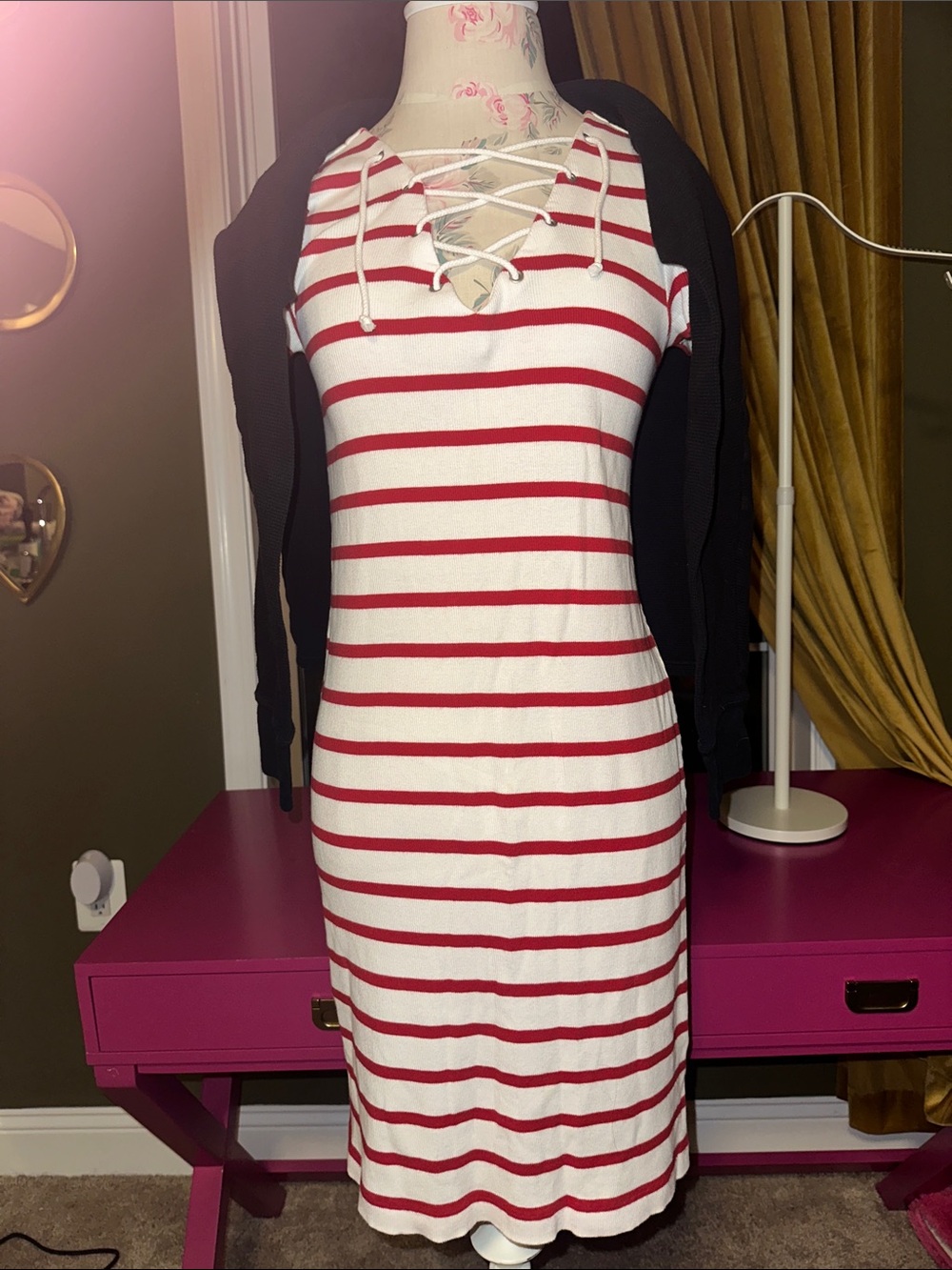 Ralph Lauren White and Red Striped Lace-Up Knit Dress